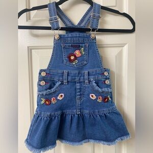 Jordache Blue Denim Overall Dress with Floral Embroidery Size 2T